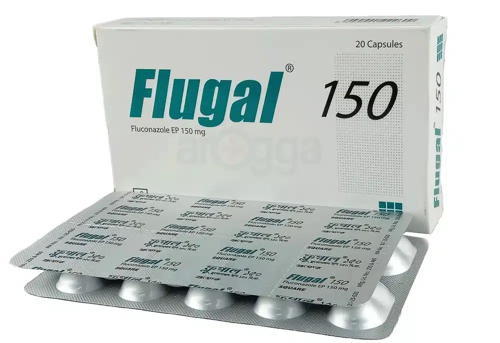 Flugal 150 ক্যাপসুলের ক্লোজ-আপ ছবি, যা বিভিন্ন ধরনের ছত্রাক সংক্রমণ যেমন যোনিপথে সংক্রমণ, মুখ ও গলার সংক্রমণ এবং ত্বকের সংক্রমণ নিরাময়ে ব্যবহৃত হয়। ক্যাপসুলগুলো একটি ফয়েল প্যাকেটে সারিবদ্ধভাবে সাজানো।