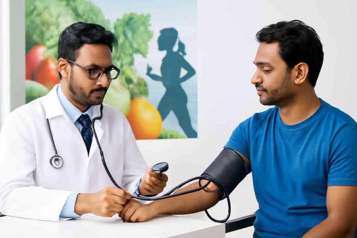 একজন ডাক্তার একটি ইলেকট্রনিক রক্তচাপ মাপার যন্ত্র দিয়ে রোগীর বাহুতে পেঁচানো কাফের মাধ্যমে রক্তচাপ নির্ণয় করছেন। ডাক্তারের পরনে সাদা অ্যাপ্রন এবং স্টেথোস্কোপ রয়েছে। রোগীর মুখ দৃশ্যমান নয়। পেছনের আবছা ছবিতে ফল, সবজি এবং দৌড়ানোর মতো স্বাস্থ্যকর কার্যকলাপের ইঙ্গিত রয়েছে, যা উচ্চ রক্তচাপ নিয়ন্ত্রণে সহায়ক। এই চিত্রটি উচ্চ রক্তচাপের লক্ষণ সনাক্তকরণ এবং স্বাস্থ্যকর জীবনযাপনের গুরুত্ব তুলে ধরে।