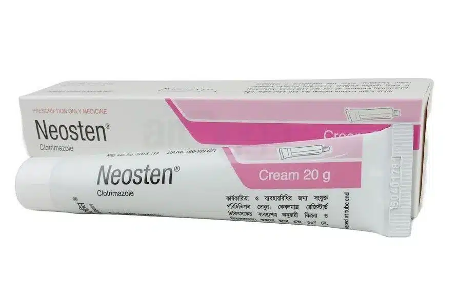 Neosten Cream এর কাজ কি তা চিত্রিত একটি ছবি, যেখানে Neosten Cream এর একটি টিউব এবং ফাঙ্গাল কোষ ধ্বংসের প্রতীকী চিত্র দেখা যাচ্ছে, যা এই ক্রিমের অ্যান্টিফাঙ্গাল কার্যকারিতা এবং সুস্থ ত্বকের ফলাফল নির্দেশ করে।