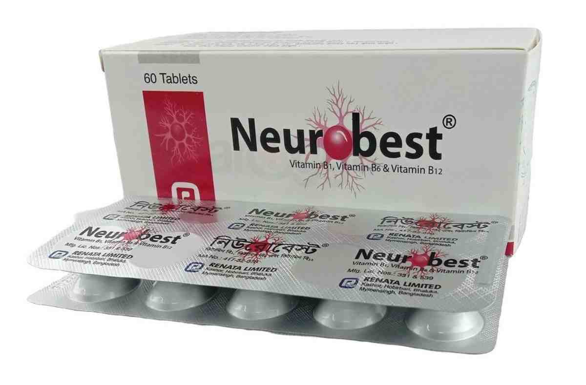 একটি ঔষধের পাতা দেখা যাচ্ছে যার উপরে "Neurobest" লেখা এবং নিচে রেনাটা লিমিটেডের নাম উল্লেখ আছে। ট্যাবলেটগুলো হলুদ রঙের এবং ভিটামিন বি১, বি৬ ও বি১২ এর প্রতীকী চিত্র রয়েছে। এটি স্নায়ুর স্বাস্থ্যের জন্য ব্যবহৃত একটি ভিটামিন সাপ্লিমেন্ট।