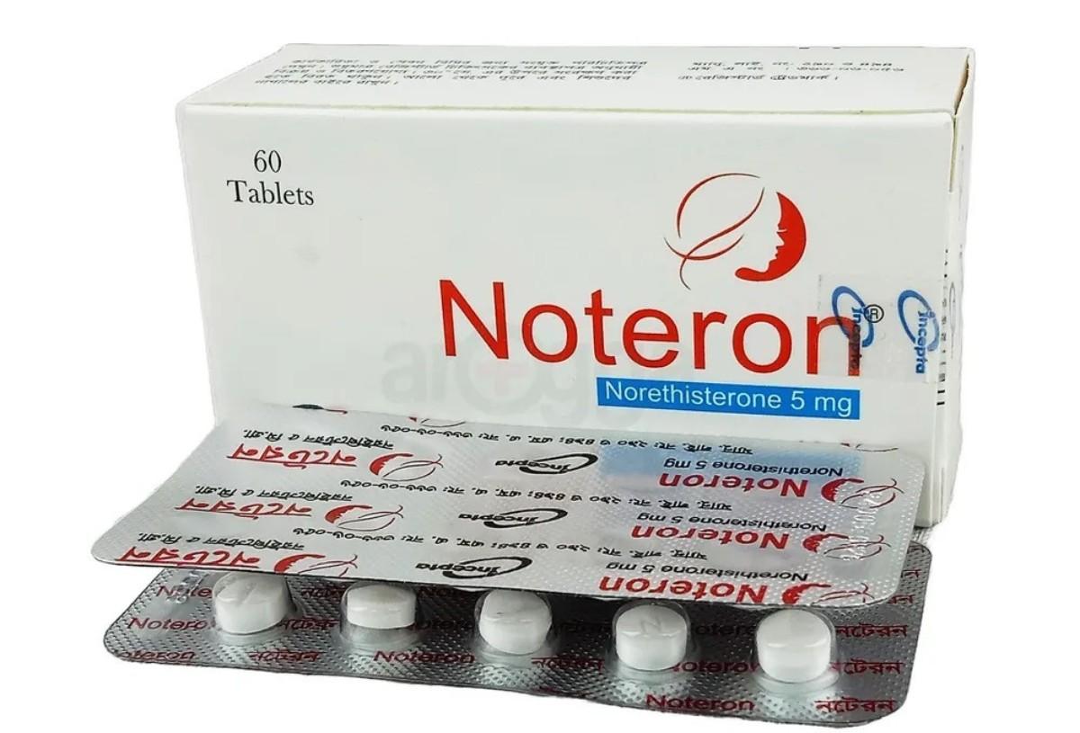 একটি সাদা রঙের ঔষধের পাতা দেখা যাচ্ছে যার উপরে "Noteron 5mg" লেখা এবং নিচে ইনসেপ্টা ফার্মার নাম। ট্যাবলেটগুলো সাদা রঙের। মহিলাদের স্বাস্থ্যের একটি প্রতীকী চিত্রও রয়েছে। এটি মহিলাদের ঔষধ।