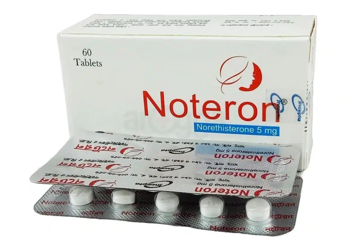 একটি সাদা রঙের ঔষধের পাতা দেখা যাচ্ছে যার উপরে "Noteron 5mg" লেখা এবং নিচে ইনসেপ্টা ফার্মার নাম। ট্যাবলেটগুলো সাদা রঙের। মহিলাদের স্বাস্থ্যের একটি প্রতীকী চিত্রও রয়েছে। এটি মহিলাদের ঔষধ।