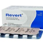 একটি সাদা রঙের ঔষধের পাতা দেখা যাচ্ছে যার উপরে Revert 20 লেখা এবং নিচে ইনসেপ্টা ফার্মার নাম। ট্যাবলেটগুলো সাদা রঙের। মাথা ঘোরার স্থির হওয়ার একটি প্রতীকী চিত্রও রয়েছে। এটি মাথা ঘোরার ঔষধ।