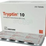 Tryptin 10 ট্যাবলেটের ক্লোজ-আপ ছবি, যা বিষণ্ণতা এবং স্নায়ু ব্যথার মতো মানসিক ও স্নায়বিক সমস্যার চিকিৎসায় ব্যবহৃত হয়। ট্যাবলেটগুলো একটি ফয়েল প্যাকেটে সারিবদ্ধভাবে সাজানো।