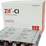 Zif CI ক্যাপসুলের ক্লোজ-আপ ছবি, যা গর্ভাবস্থা এবং আয়রন, ফলিক অ্যাসিড ও জিঙ্কের অভাবজনিত রক্তাল্পতার মতো সমস্যায় ব্যবহৃত হয়। ক্যাপসুলগুলো একটি ফয়েল প্যাকেটে সারিবদ্ধভাবে সাজানো।