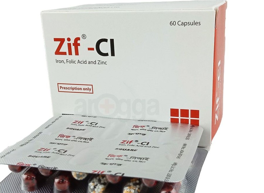 Zif CI ক্যাপসুলের ক্লোজ-আপ ছবি, যা গর্ভাবস্থা এবং আয়রন, ফলিক অ্যাসিড ও জিঙ্কের অভাবজনিত রক্তাল্পতার মতো সমস্যায় ব্যবহৃত হয়। ক্যাপসুলগুলো একটি ফয়েল প্যাকেটে সারিবদ্ধভাবে সাজানো।