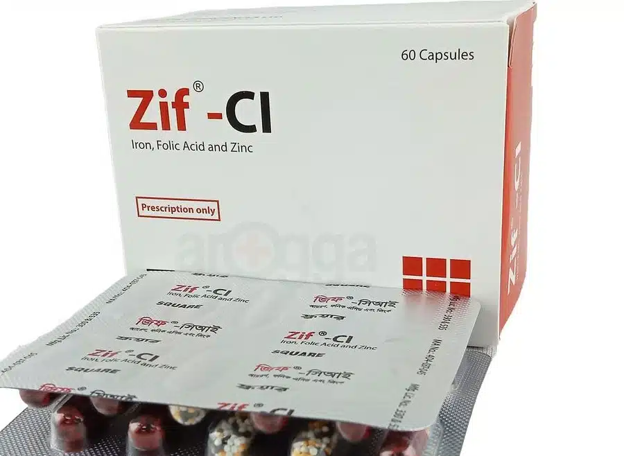 Zif CI ক্যাপসুলের ক্লোজ-আপ ছবি, যা গর্ভাবস্থা এবং আয়রন, ফলিক অ্যাসিড ও জিঙ্কের অভাবজনিত রক্তাল্পতার মতো সমস্যায় ব্যবহৃত হয়। ক্যাপসুলগুলো একটি ফয়েল প্যাকেটে সারিবদ্ধভাবে সাজানো।