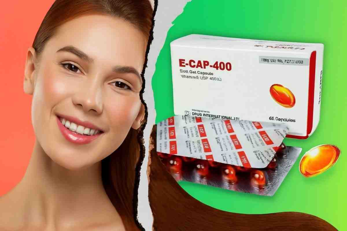 E cap 400 কি কাজ করে তা বোঝানো একটি চিত্র, যেখানে সুন্দর ত্বক ও চুলের ছবি এবং ই ক্যাপ ৪০০ ক্যাপসুল দেখা যাচ্ছে, যা এই ক্যাপসুলের ত্বক ও চুলের যত্নে ভূমিকা তুলে ধরে।