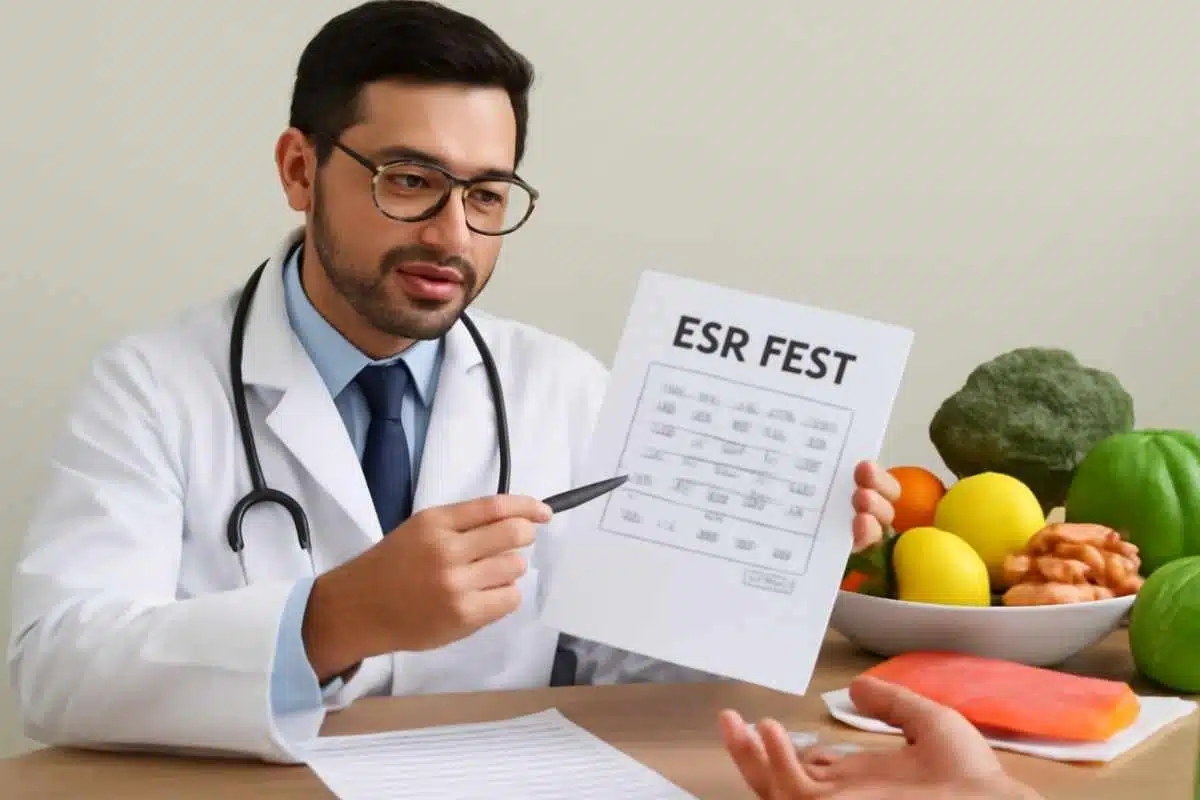 একজন ডাক্তার ESR পরীক্ষার রিপোর্ট দেখাচ্ছেন, যেখানে ESR কমানোর উপায় কি সেই বিষয়ে আলোচনা হচ্ছে এবং স্বাস্থ্যকর খাবার ইঙ্গিত দিচ্ছে যে খাদ্যাভ্যাস ESR নিয়ন্ত্রণে সাহায্য করতে পারে।