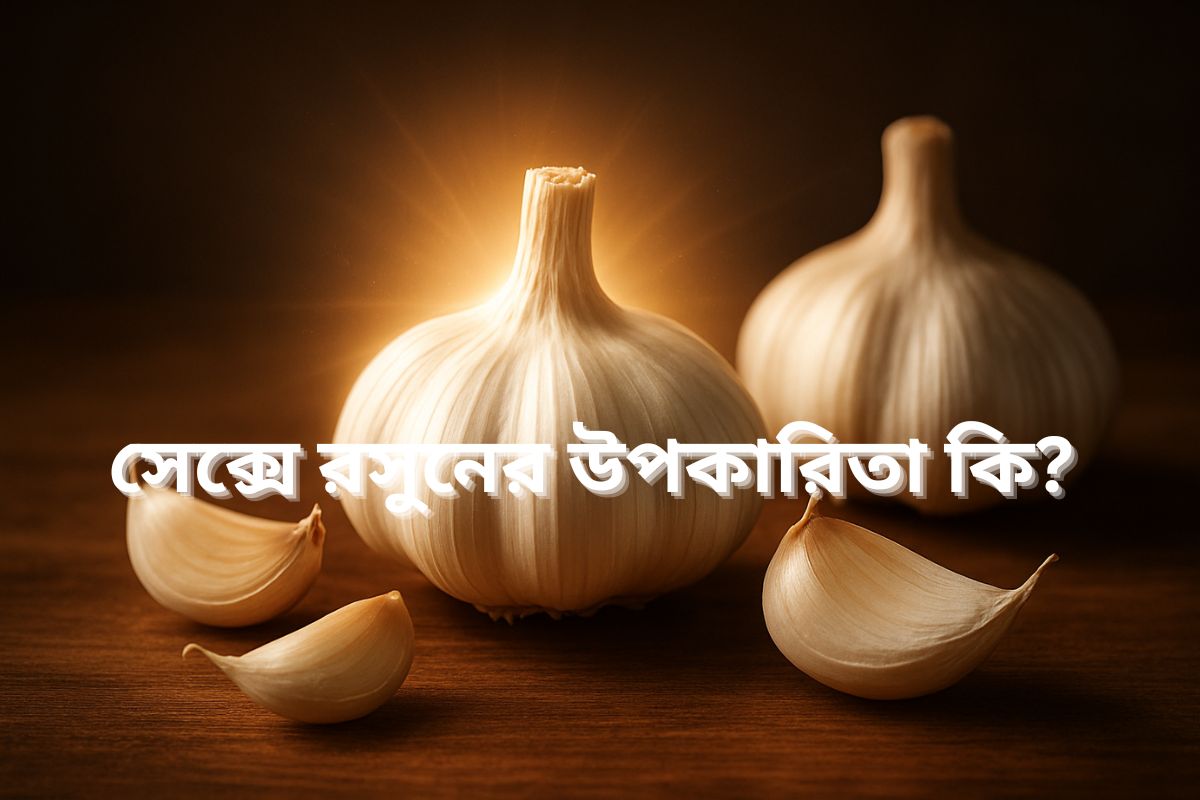 ইমেজ অল-টেক্সট: কয়েকটি সাদা রসুনের কোয়া একটি কাঠের টেবিলের উপর রাখা, যা প্রাকৃতিক ভাবে সেক্সে রসুনের উপকারিতা স্বাস্থ্য উপাদানের ইঙ্গিত দেয়।