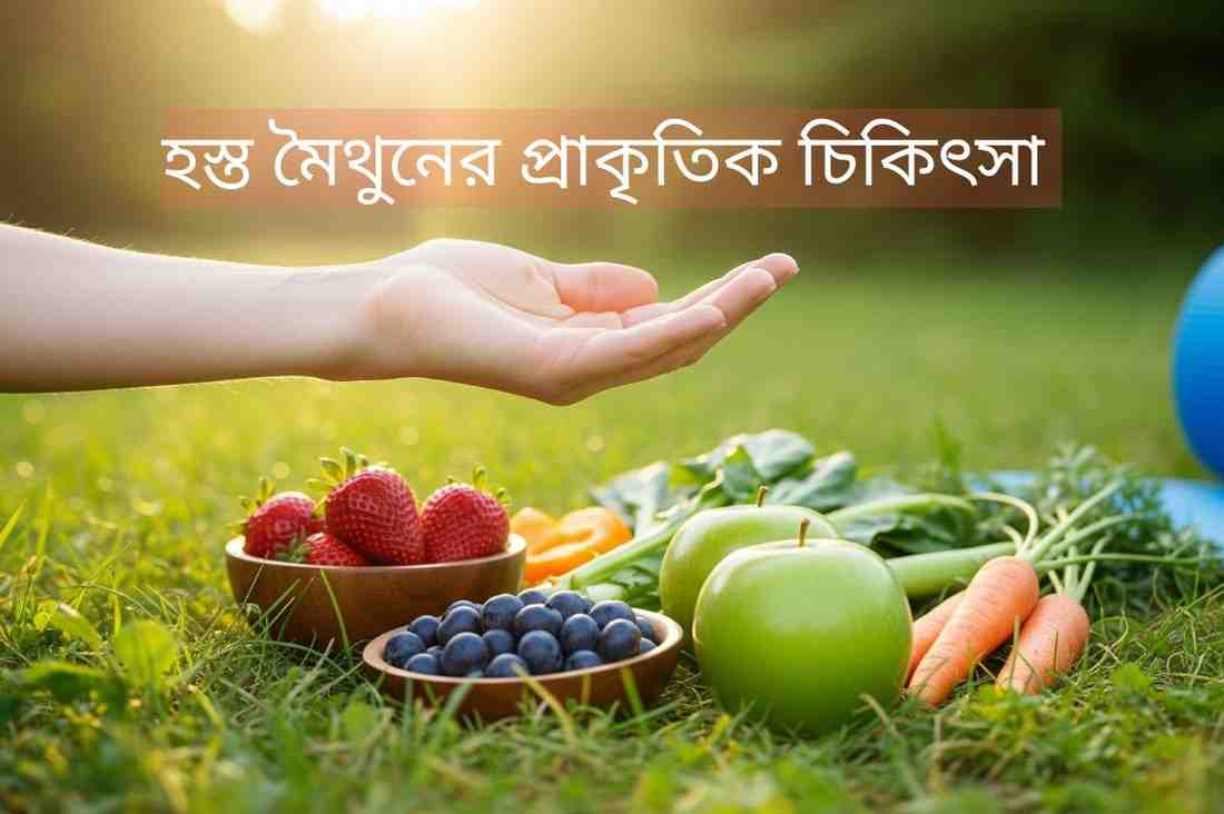 সবুজ ঘাস এবং গাছের পাতার একটি শান্ত দৃশ্য, যেখানে একটি হাত আলোর দিকে বাড়িয়ে দেওয়া হয়েছে। ছবির একপাশে কিছু ফল ও সবজি এবং একটি যোগা মাদুরের কোণা দেখা যাচ্ছে, যা প্রাকৃতিক উপায়ে সুস্থ জীবন যাপনের ইঙ্গিত দেয় এবং হস্ত মৈথুনের প্রাকৃতিক চিকিৎসার ধারণাকে ফুটিয়ে তোলে।