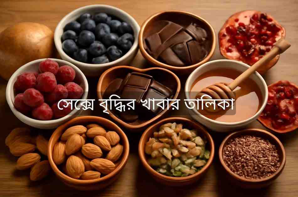 একটি কাঠের টেবিলের উপর বিভিন্ন রঙিন ফল, বাদাম, বীজ এবং ডার্ক চকোলেটের একটি আকর্ষণীয় বিন্যাস দেখা যাচ্ছে যা সেক্সে বৃদ্ধির খাবার তালিকা নির্দেশনা দেখায়। এই ছবিটি এমন খাবারগুলোর প্রতীক যা প্রাকৃতিক উপায়ে যৌন স্বাস্থ্য এবং আকাঙ্ক্ষা বৃদ্ধি করতে সাহায্য করে।