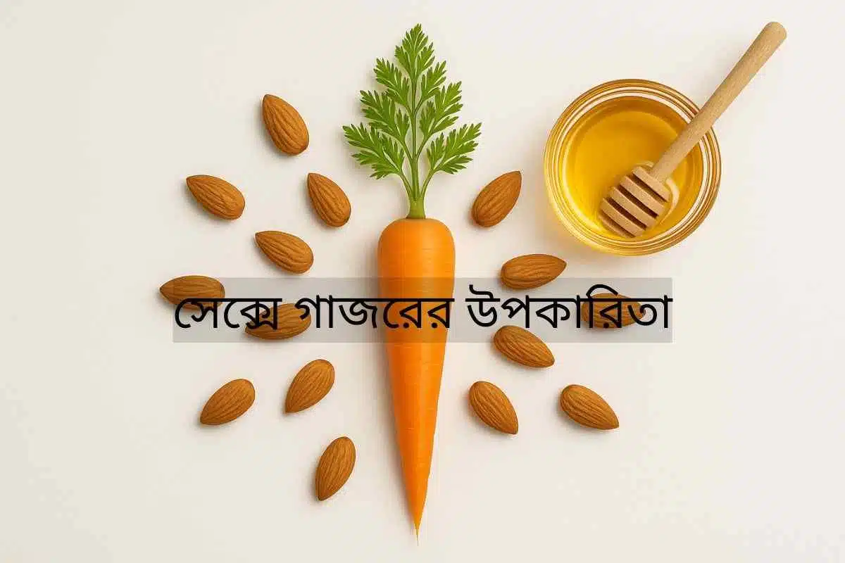 একটি উজ্জ্বল কমলা রঙের গাজর যা কাঠের বোর্ডের উপর রাখা হয়েছে, পাশে কিছু বাদাম এবং মধুর পাত্র দেখা যাচ্ছে। এই ছবিটি গাজরের পুষ্টিগুণ এবং সেক্সে গাজরের উপকারিতা ও এর ইতিবাচক প্রভাবকে তুলে ধরে, যা প্রাকৃতিক উদ্দীপক হিসেবে কাজ করতে পারে।
