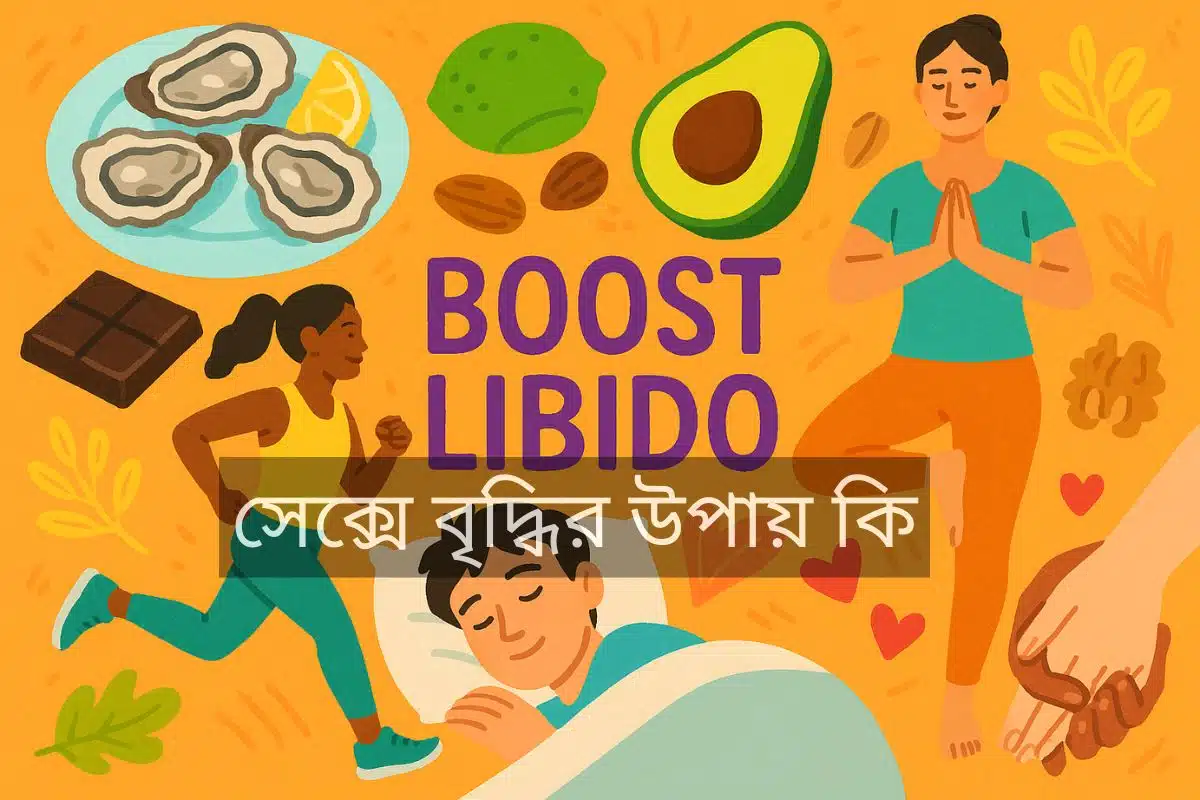 বিভিন্ন স্বাস্থ্যকর খাবার, ব্যায়ামের দৃশ্য এবং বিশ্রাম ও ভালোবাসার প্রতীক সমন্বিত একটি কোলাজ, যা সেক্সে আগ্রহ বাড়ানোর বিভিন্ন উপায়কে নির্দেশ করে। এটি একটি সুস্থ ও সক্রিয় জীবনধারার গুরুত্ব তুলে ধরে যা উন্নত যৌন স্বাস্থ্যের জন্য অপরিহার্য। ছবিটিতে ভালোভাবে ফুঁটে উঠেছে সেক্সে বৃদ্ধির উপায় কি?