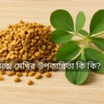 একটি হালকা কাঠের তলের উপর কিছু ছোট হলুদ-বাদামী রঙের মেথির বীজ এবং কয়েকটি সবুজ মেথি পাতা রয়েছে, যা সেক্সে মেথির উপকারিতা কি কি সেই বিষয়ে আলোচনার প্রতীক। বীজ এবং পাতাগুলি তাদের প্রাকৃতিক অবস্থায় স্পষ্টভাবে দৃশ্যমান।
