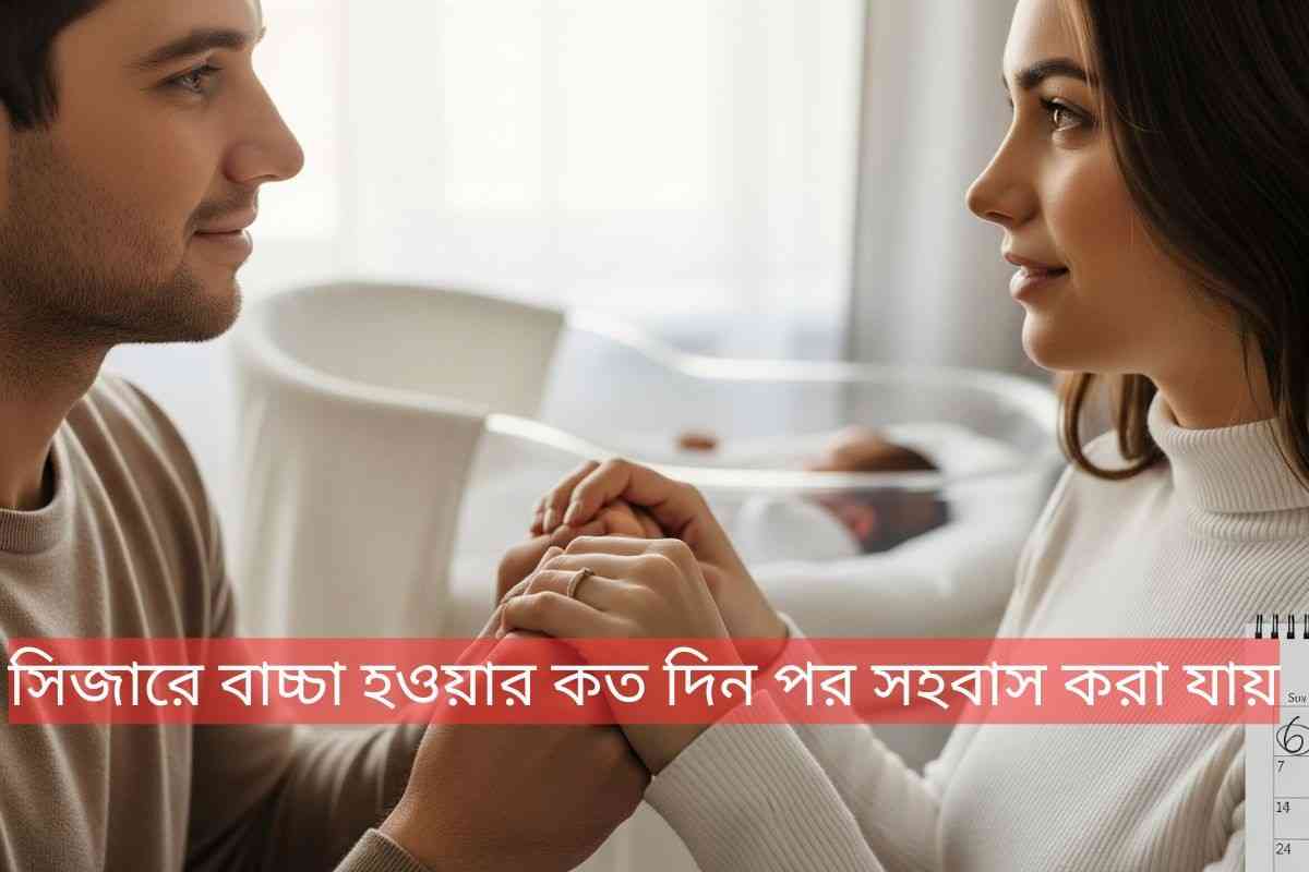 সিজারে বাচ্চা হওয়ার কত দিন পর সহবাস করা যায় তা বোঝাতে হাত ধরে থাকা এক নতুন বাবা-মা এবং ছয় সপ্তাহ পরের ক্যালেন্ডারের প্রতীকী চিত্র রয়েছে।