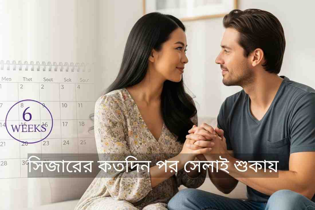 : সিজারের কতদিন পর সহবাস করা যায় তা বোঝাতে হাত ধরে থাকা এক দম্পতি এবং ছয় সপ্তাহ পরের ক্যালেন্ডারের প্রতীকী চিত্র রয়েছে।