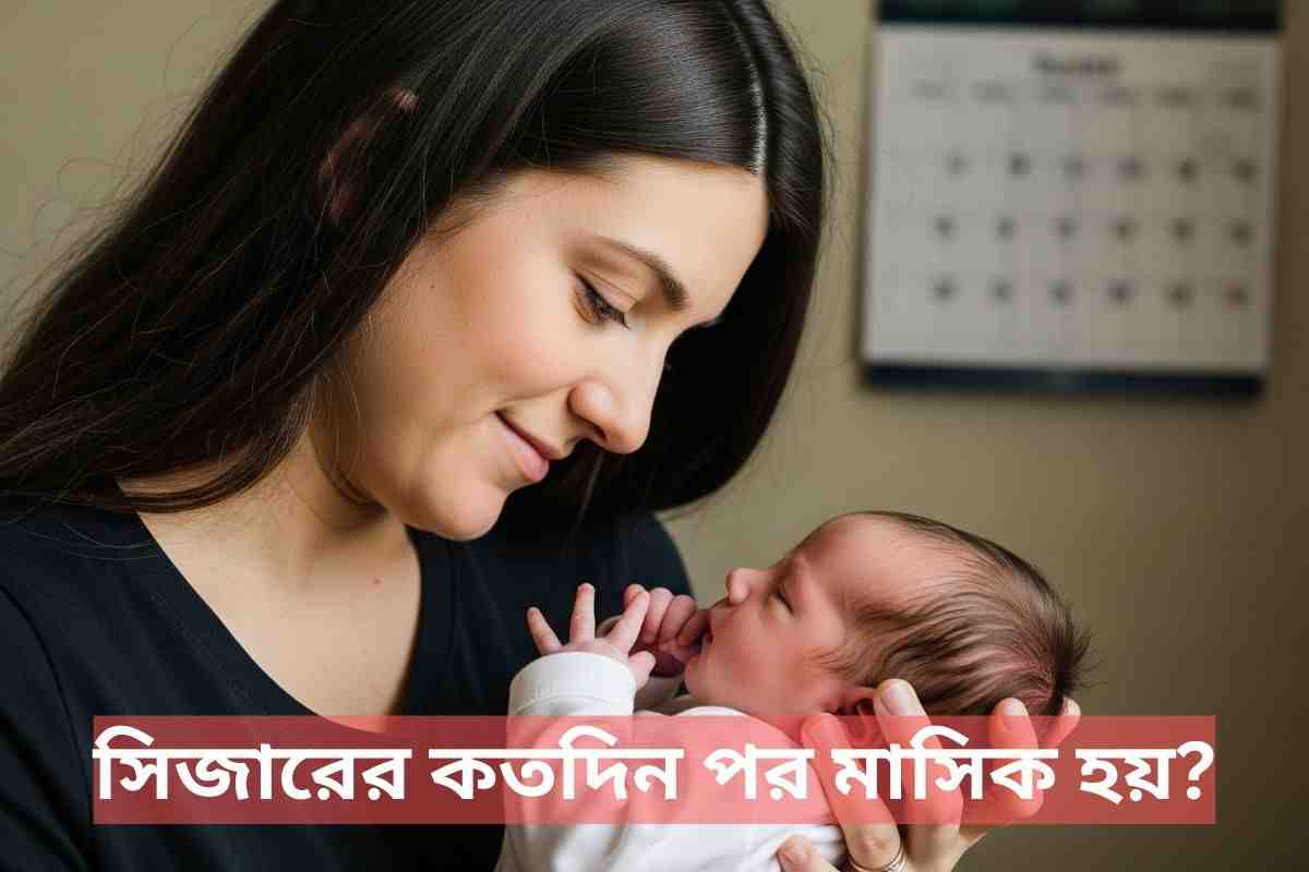 একজন মা তার নবজাতকের সাথে, যা সিজারের পরে মাসিক কতদিনে শুরু হয় সেই বিষয়ের উপর আলোকপাত করছে এবং মাতৃত্বের একটি চিত্র দেখাচ্ছে।