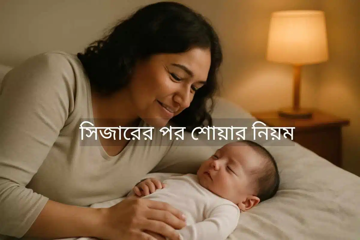 একজন মা সিজারের পরে তার নবজাতকের সাথে বিছানায় শুয়ে আছেন, যা সিজারের পর শোয়ার নিয়ম এবং বিশ্রামের গুরুত্ব তুলে ধরছে।