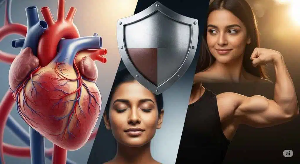 সকালে সেক্সের স্বাস্থ্য উপকারিতা দেখানো একটি কোলাজ ছবি, যেখানে হৃদপিণ্ড, ঢাল (রোগ প্রতিরোধ ক্ষমতা), শান্ত মুখ (স্ট্রেস কমানো) এবং পেশী (শারীরিক সুস্থতা) এর আইকন রয়েছে।